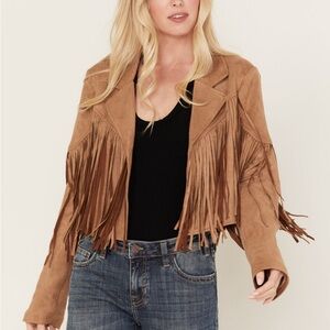 Saints & Hearts Cropped Fringe Tan Jacket Size Small